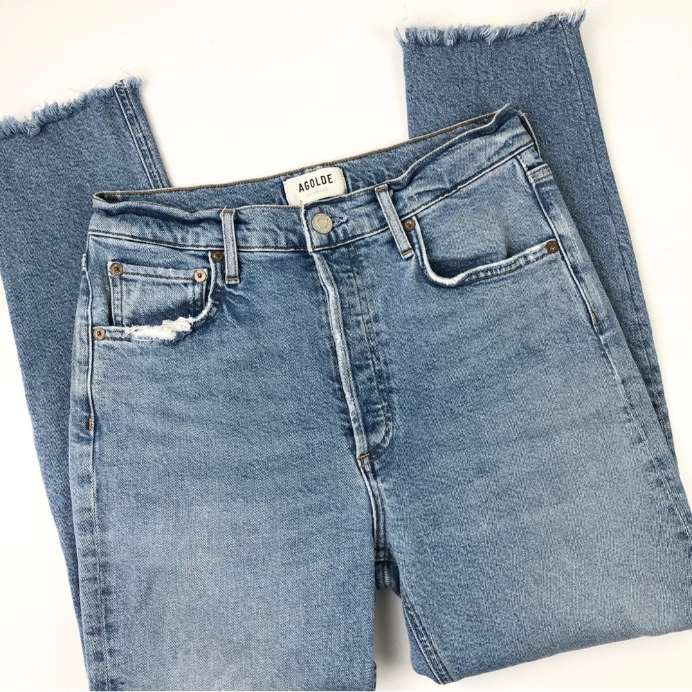 AGOLDE‎ Riley Long Slim Straight Crop Jean Size 27 Distress Hem Organic Stretch
